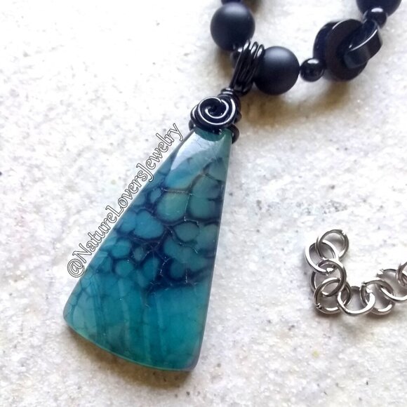 Stunning & One-of-a-kind! Blue & Black Dragonvein Agate Beaded Stone Choker! - Picture 4 of 11